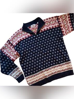Vintage Marsh Landing Wool Blend Fair Isle Popover V-neck Zipper Sweater